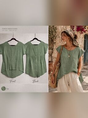 TERZO MILLENNIO SAGE 100% LINEN HIGH LOW BOHO TOP SZ S